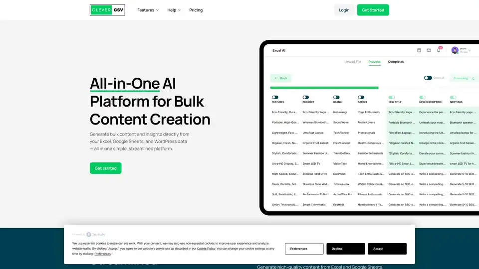 Clever CSV is an AI-powered platform that automates content creation and data analysis across Excel, Google Sheets, and WordPress, streamlining workflows and boosting productivity.