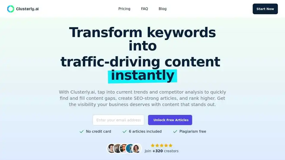 Clusterly.ai utilise l'IA pour automatiser le regroupement de mots-clés et la création de contenu, vous aidant ainsi à créer des articles SEO solides et à améliorer votre classement. Obtenez 6 articles gratuits pour commencer.