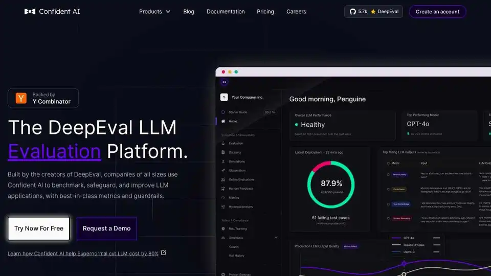 The DeepEval LLM evaluation platform to test, benchmark, safeguard, and improve LLM application performance, with best-in-class metrics and guardrails.