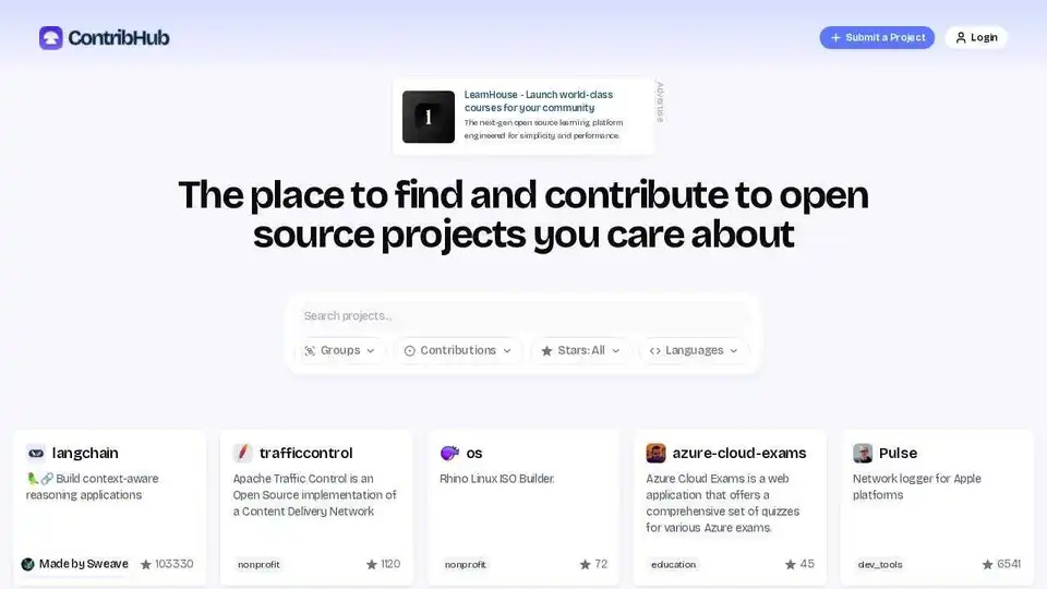 ContribHubは、AIと開発ツールに焦点を当て、貢献できるオープンソースプロジェクトを見つけるのに役立つプラットフォームです。