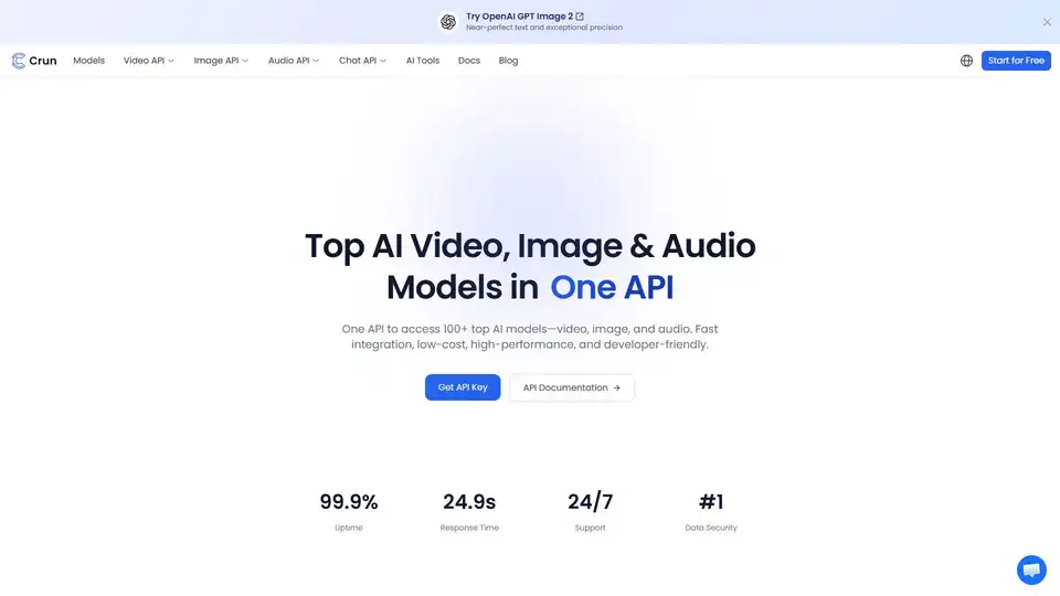 Crun is a unified AI API platform offering access to 100+ top AI models for video, image, audio, and chat. It provides fast integration, significant cost savings, high performance, and is designed for developers to build next-generation AI applications efficiently.