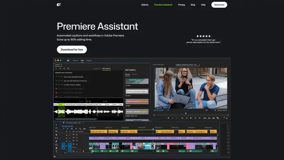 Cutback 的 Premiere Assistant 在 Adobe Premiere Pro 中自动化视频编辑任务，包括自动剪辑、多机位切换、转录、翻译、静音移除和添加动画字幕，显著提高生产力。
