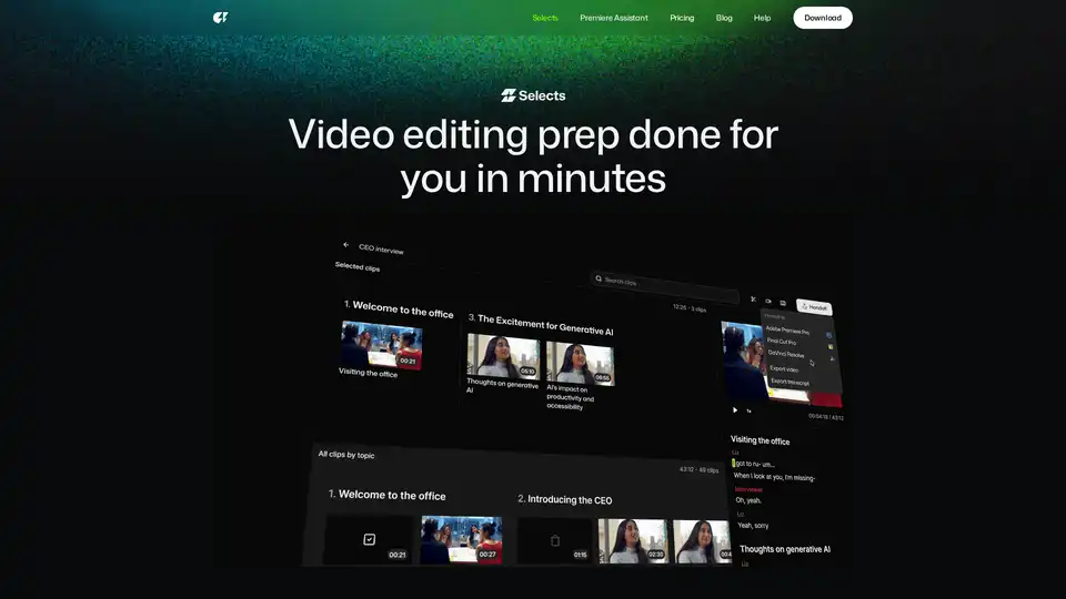 Selects by Cutback 是一款由 AI 驱动的工具，可自动完成视频编辑工作的最初 70%，包括分类、组织和审阅素材。它支持 Adobe Premiere Pro、Final Cut 和 DaVinci Resolve 等主要编辑软件，使编辑过程更快、更高效。