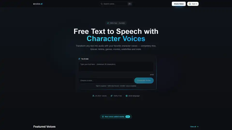cvoice.ai is a 100% free AI text-to-speech platform offering over 20,000 character voices from anime, games, and movies. It enables content creators, podcasters, and developers to transform text into high-quality, multi-language audio instantly, with no usage limits or hidden fees.