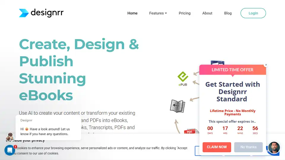 Designrr cria eBooks, Flipbooks a partir de blogs, podcasts, vídeos. Use IA para gerar conteúdo. Converta para PDF, ePub, Kindle. Fácil de usar com suporte 24/7.