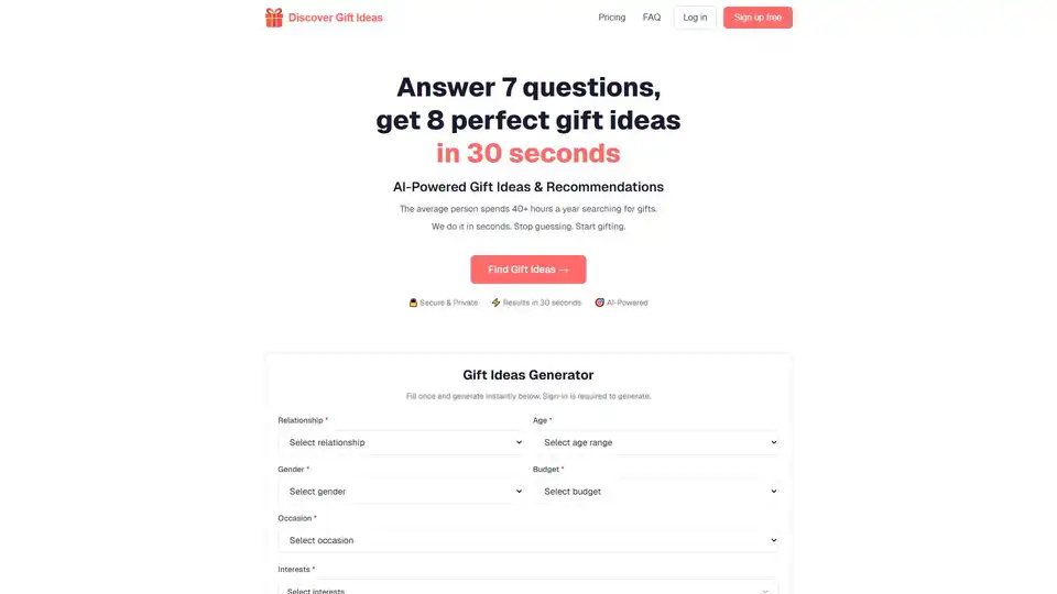 Discover Gift Ideasは、AIを活用してパーソナライズされたギフトを推薦するツールです。いくつかの質問に答えるだけで、あらゆる機会、予算、関係性に合わせた8つのギフトアイデアを瞬時に生成し、何時間もの検索時間を節約します。行事のリマインダーやプロフィール保存機能も提供しています。
