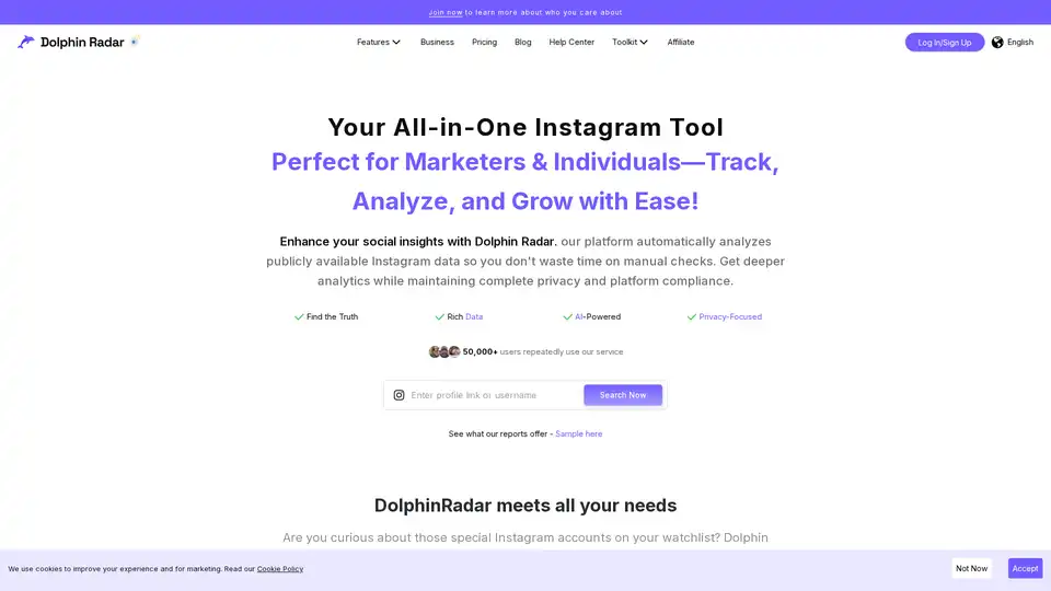 O DolphinRadar é um rastreador de Instagram alimentado por IA que analisa dados públicos para fornecer insights sobre likes, seguidores e tendências de engajamento. Oferece monitoramento anônimo e compatível com a plataforma para marketeiro e indivíduos, com ferramentas como localizador de influenciadores, monitor de atividade e baixador de conteúdo.