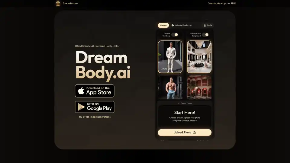 DreamBody.ai 是一款AI肌肉生成器应用，可实现逼真的身体改造。通过健身和有趣的预设可视化您的健身目标并实现令人印象深刻的编辑。免费试用！