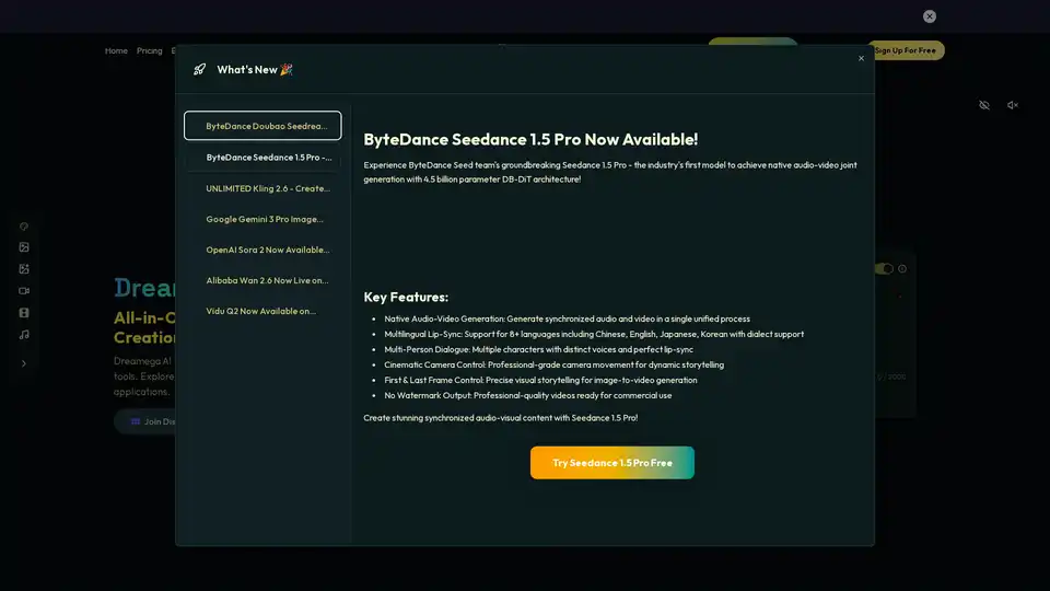 Dreamega is an all-in-one AI creative platform featuring 50+ advanced models (Flux, GPT-4o, Veo3, Suno) for generating images, videos, and music. It offers text-to-image, image-to-video, and text-to-video capabilities with no subscription required.