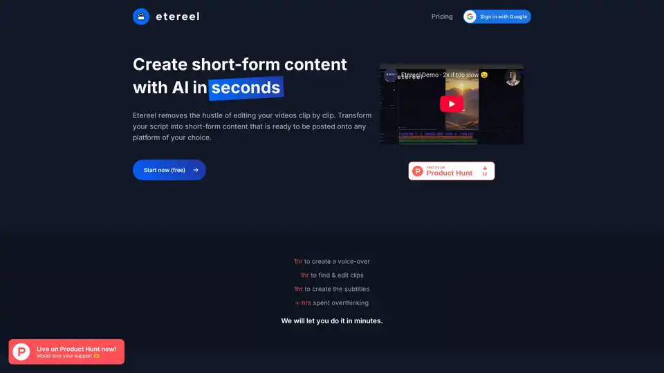 Etereel is a free AI-powered tool that generates short-form videos from scripts in minutes. Create viral shorts, TikToks, and IG Reels quickly and easily with customizable options and high-resolution export.