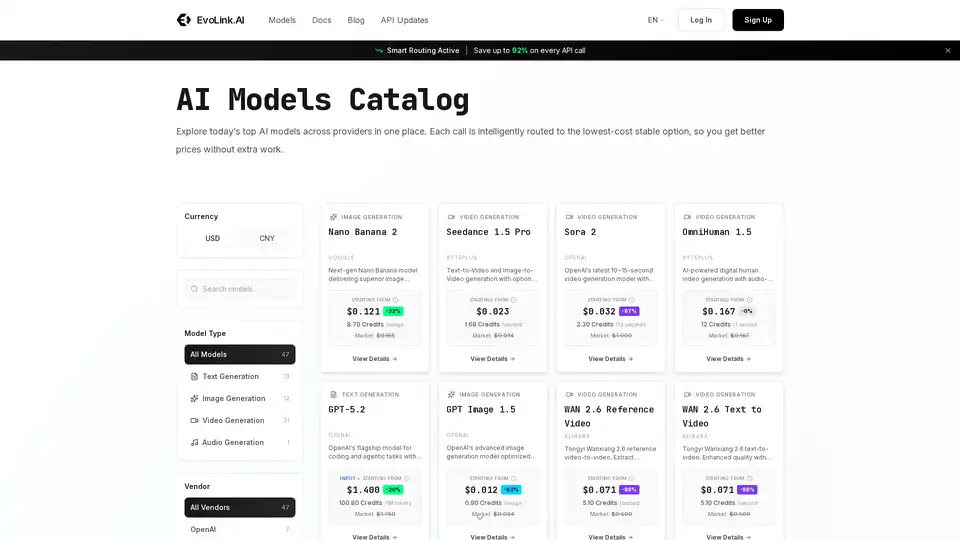 EvoLink.AI bietet eine vereinheitlichte API für den Zugriff auf Top-KI-Modelle, einschließlich Text-, Bild- und Video-Generierung. Es verfügt über intelligentes Routing zu kostengünstigen, stabilen Anbietern und spart Benutzern bis zu 92% der API-Kosten. Unterstützt Modelle wie GPT-5, Kling und Nano Banana.