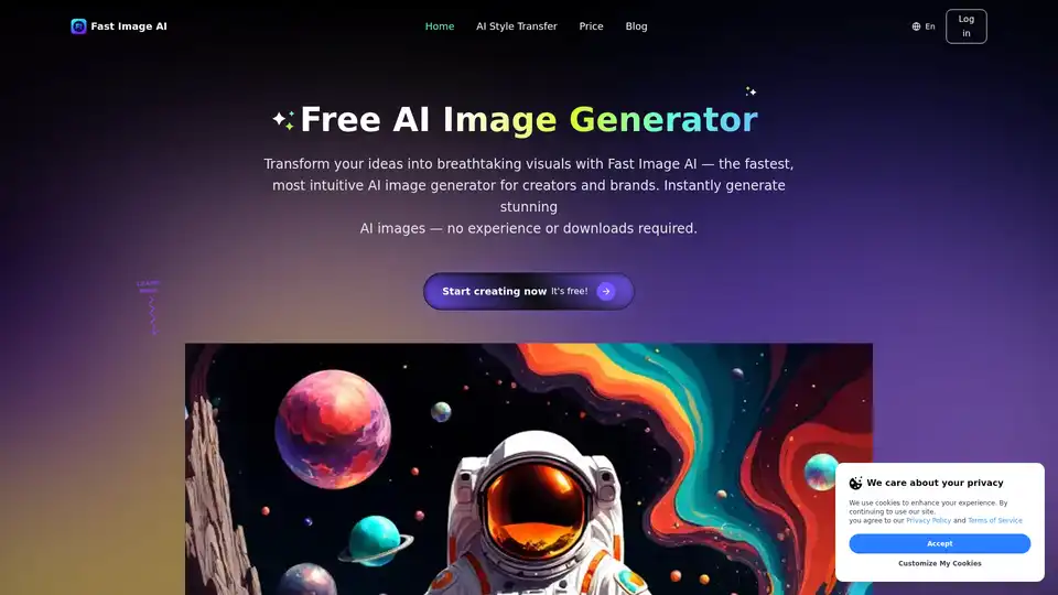 Fast Image AI é um gerador de imagens IA gratuito e baseado na web que transforma prompts de texto ou imagens carregadas em obras de arte de alta qualidade em vários estilos como Ghibli, esboço, anime e mais. Não requer downloads nem habilidades de design, oferece geração instantânea, licença comercial e múltiplos planos de assinatura.