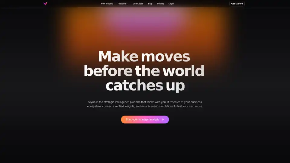feynn.ai es una plataforma de inteligencia estratégica con IA para empresas. Realiza investigación con múltiples agentes sobre competidores e industrias, verifica conocimientos, ejecuta simulaciones de escenarios y proporciona un motor de decisiones para modelar movimientos y recomendar acciones estratégicas.