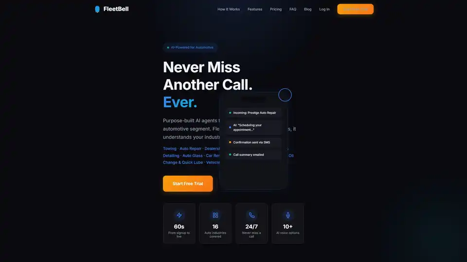 FleetBell is an AI receptionist trained for automotive industries. It answers calls 24/7, schedules appointments, captures vehicle details, and integrates with CRMs to boost revenue.