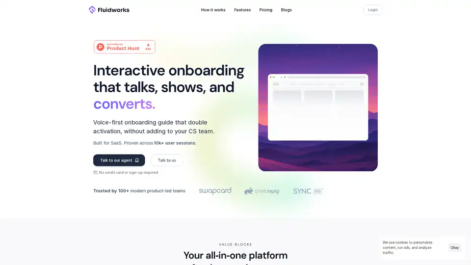Fluidworks Onbi offers voice-guided AI onboarding for SaaS, turning signups into customers in 90 seconds. It personalizes each step to boost activation and improve user engagement.