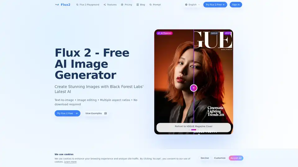 Flux 2 es un generador y editor de imágenes IA gratuito de Black Forest Labs. Crea imágenes fotorrealistas a partir de indicaciones de texto, edita fotos con instrucciones de lenguaje natural y admite múltiples relaciones de aspecto para redes sociales, fondos de pantalla y arte digital. No requiere descargas ni registros para el uso básico.