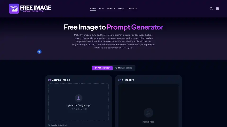 O Gerador gratuito de prompts de imagem para texto converte instantaneamente qualquer imagem (JPG, PNG, WEBP) em um prompt detalhado de IA. Otimizado para Midjourney, DALL-E e Stable Diffusion. Sem cadastro, 100% gratuito.