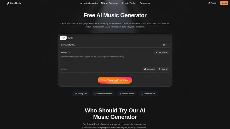 Freemusic AI 是一款强大的 AI 音乐生成器，可即时创作无版权歌曲、歌词和伴奏。非常适合创作者、开发者和企业，它提供人声移除、母带处理和 MIDI 生成等工具，为任何项目制作专业品质的音频。
