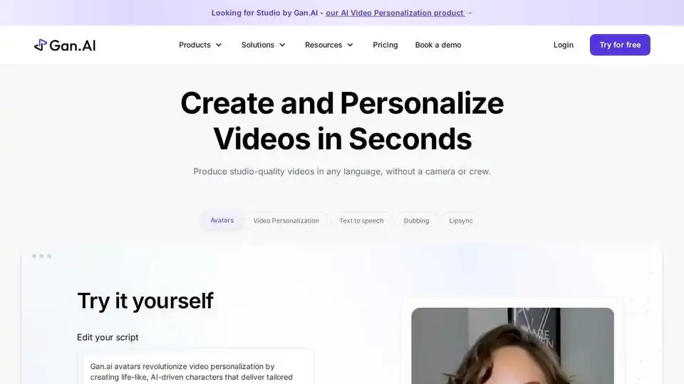Gan.AI: Create AI videos instantly using text, AI avatars, scenes, & voiceovers. No camera, crew, or editing skills needed. Launch videos in minutes.