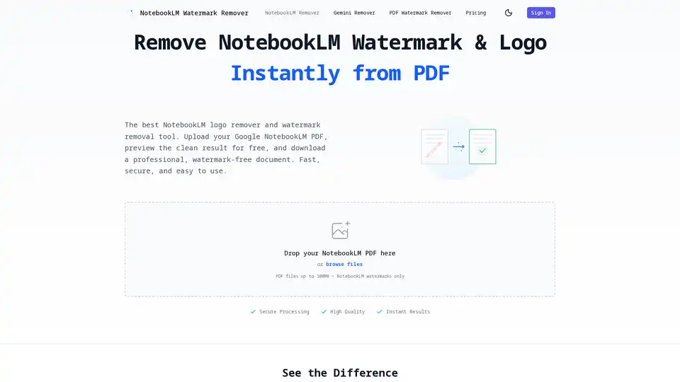Der NotebookLM Wasserzeichen Entferner ist ein spezialisiertes Webtool, das fortschrittliche KI-Technologie verwendet, um Wasserzeichen und Logos von Google NotebookLM aus PDF-Dokumenten sofort und sicher zu entfernen und dabei die ursprüngliche Qualität und Formatierung für professionelle Zwecke beizubehalten.