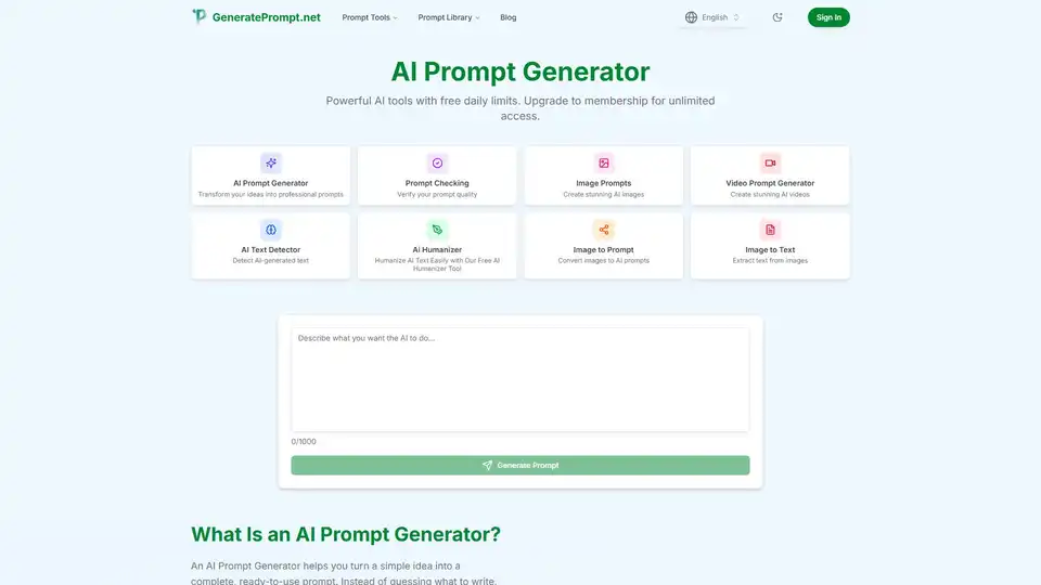 GeneratePrompt.net is a comprehensive AI prompt toolkit designed to help users transform simple ideas into structured, high-quality prompts for text, image, and video AI platforms. It includes tools for prompt generation, checking, AI text humanization, and image analysis, streamlining AI workflows for various creative and professional tasks.