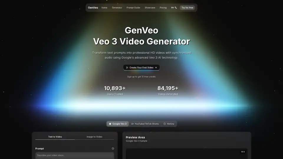 GenVeo is a professional Veo 3 Video Generator platform that transforms text prompts into high-quality HD videos with synchronized audio. Powered by Google's advanced AI technology, it offers features like native audio generation, realistic physics simulation, and cinematic-quality output.