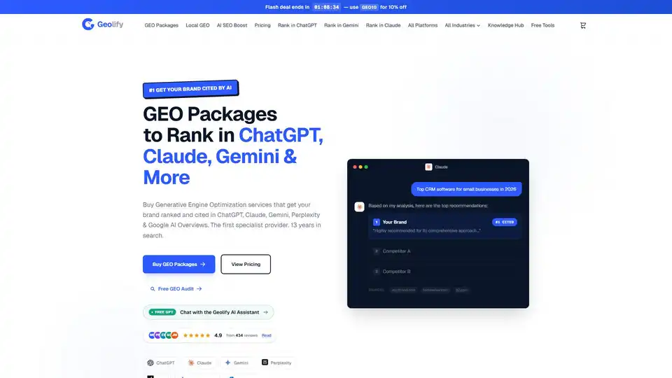 Geolify ofrece servicios de Optimización de Motores Generativos (GEO), permitiendo a las marcas posicionarse y ser citadas por plataformas de IA líderes como ChatGPT, Claude y Gemini. Asegura la visibilidad de IA en diversos motores de búsqueda generativos, ayudando a las empresas a capturar un mercado creciente que confía en las recomendaciones de IA.
