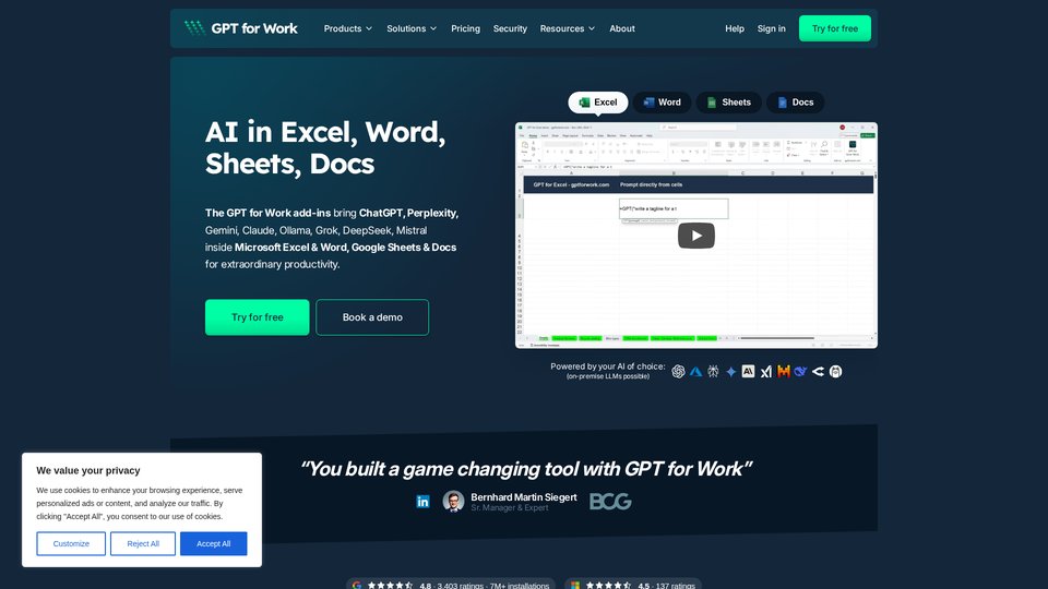 AI add-ons for Excel Word, Sheets, Docs | GPT for Work