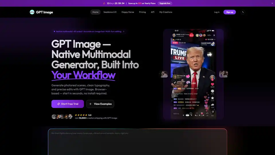 GPT Image es un generador de imágenes AI multimodal nativo con salida 4K, renderizado de texto preciso y edición multi-turno. Ideal para fotografía de producto y diseño UI sin instalación.