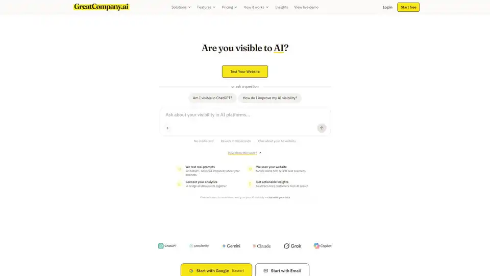 GreatCompany.ai est une plateforme de visibilité IA aidant entreprises et marketers à maîtriser l'Optimisation des Moteurs Génératifs (GEO). Elle surveille comment les IA comme ChatGPT, Gemini et Perplexity parlent de votre marque, offrant analyses en temps réel, suivi des prompts et conseils actionnables pour augmenter votre présence et acquisition de clients via la recherche IA.
