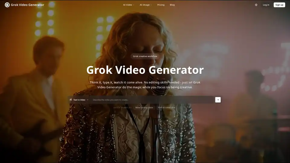 Grok Video Generatorは、Grok Imagineを搭載した高度なAIツールで、テキスト記述や静止画像から素晴らしいバイラル動画を作成します。一致するオーディオ、音楽、エフェクトを自動的に追加し、編集スキルなしで高速かつ高品質な動画作成を可能にします。