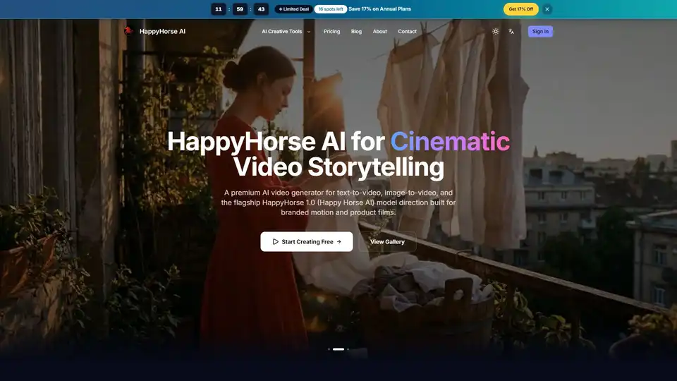 HappyHorse AIは、映画のようなテキストからビデオ、画像からビデオを作成できる、プレミアムなブラウザベースのAIビデオ生成ツールです。シンプルなマルチモデルワークフローにより、高品質のブランドフィルム、ソーシャルメディアコンテンツ、コンセプトビジュアルを素早く制作できます。