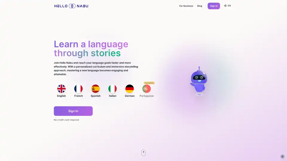 Hello Nabu は AI 駆動の言語学習プラットフォームで、パーソナライズされたストーリーベースのレッスン、リアルタイムフィードバック、ダイナミックな AI チューターを提供します。複数の言語をサポートし、CEFR 標準に準拠しています。
