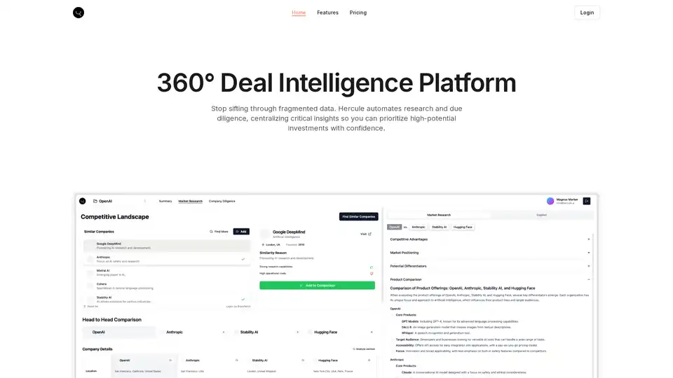 Hercule AI is a 360° deal intelligence platform that automates research and due diligence for venture capitalists. It centralizes critical insights, enabling faster and smarter investment decisions.