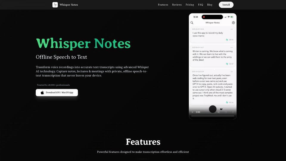 Whisper Notes - 2025年最佳离线语音转文本应用 | 私有AI转录