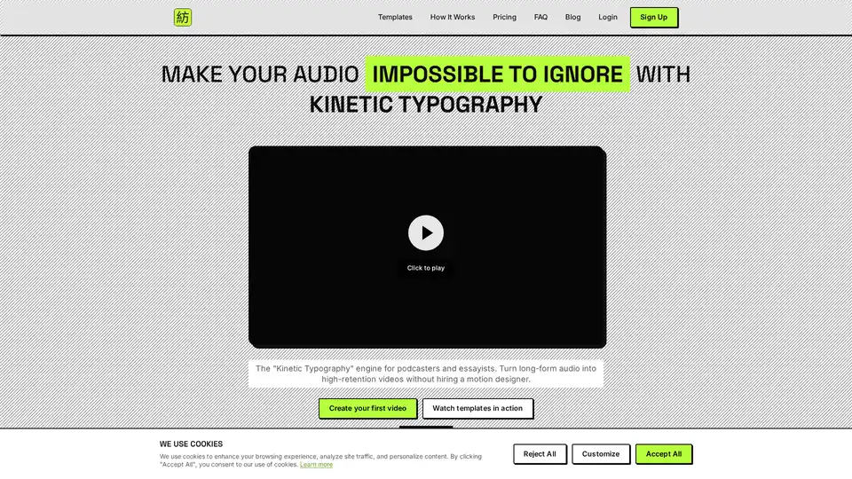Hypnotype is a kinetic typography tool that converts long-form audio into high-retention video content using text highlighting. Designed for podcasters, writers, and VSL creators, it automates video creation by uploading audio, choosing a style, and exporting. It offers a cost-effective alternative to motion designers, focusing on clarity and message retention.