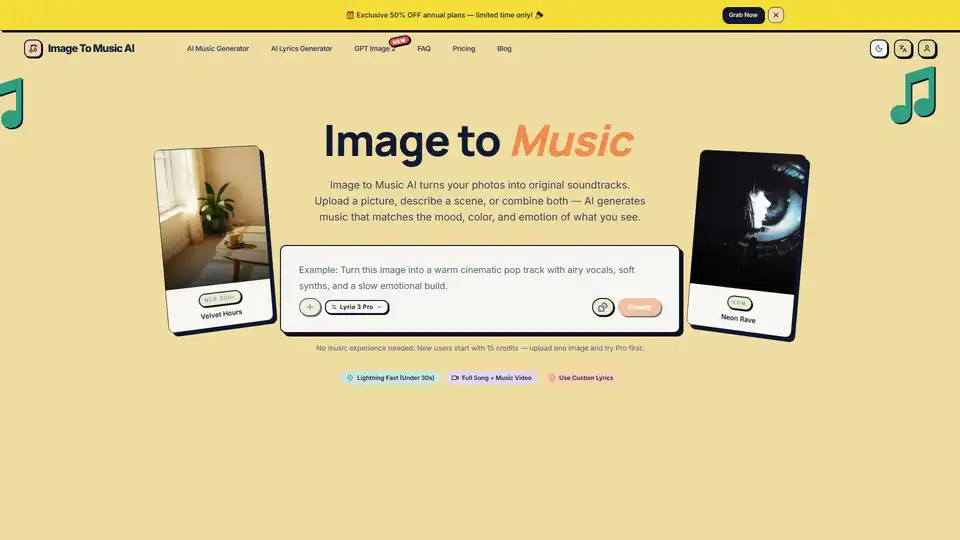Image To Music AI is a web-based tool that converts photos into original soundtracks using AI. Users upload images or describe scenes to generate matching music instantly without experience.
