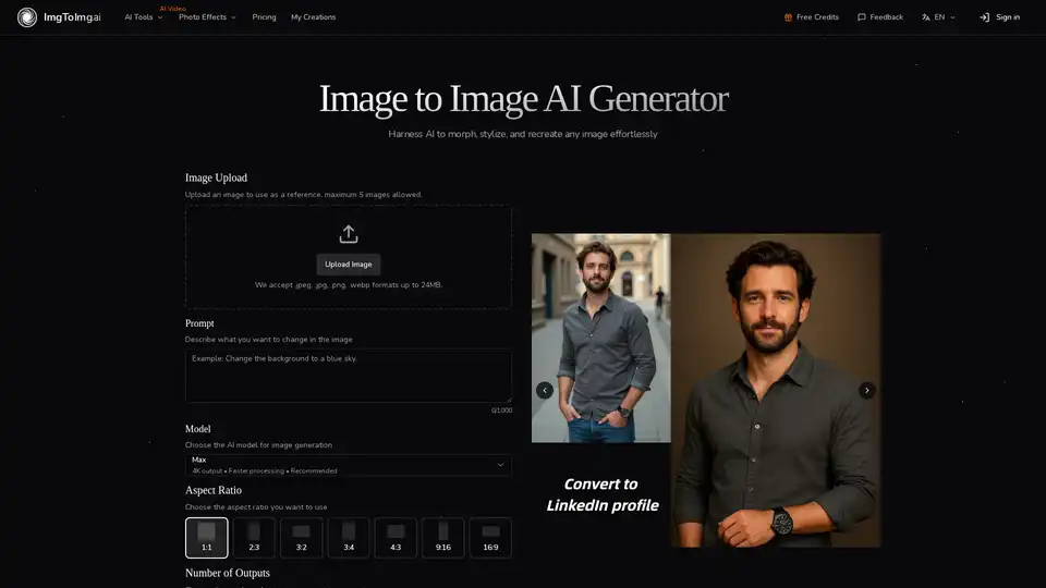 ImgToImg.ai es un generador de imágenes AI gratuito que transforma imágenes mediante indicaciones de texto. Sube una imagen, describe los cambios y deja que la IA cree impresionantes variaciones rápidamente.