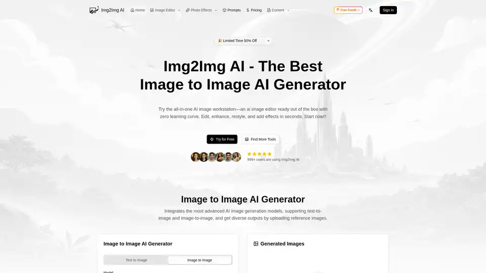 Img2Img AIは、オールインワンの画像変換AI生成器およびエディタです。参照画像をアップロードし、テキストプロンプトを使用して写真を変換できます。主な機能には、写真のリスタイル、対象の編集、背景削除、拡張、100以上のAI効果があります。Nano BananaやFluxなどのモデルを統合し、一貫性のある高品質な出力を実現します。