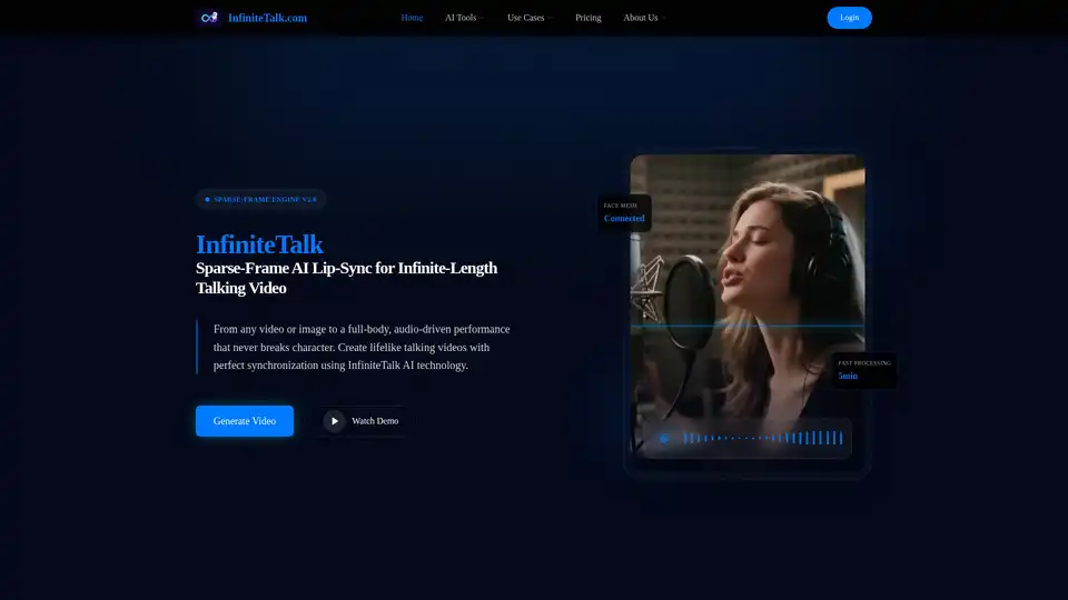 InfiniteTalk é uma ferramenta alimentada por IA que cria vídeos de fala de comprimento infinito com sincronização labial precisa, movimento corporal completo e suporte multilíngue. Utiliza tecnologia de quadro esparso para estabilidade e pode gerar vídeos até 4K para marketing, educação e criação de conteúdo.