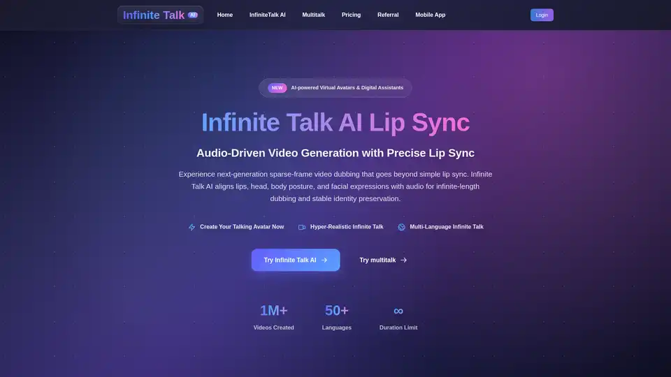 Infinite Talk AI is an advanced audio-driven video generation tool that creates hyper-realistic talking avatars from images or videos with precise lip sync, head movements, and facial expressions. It supports unlimited video length and multiple languages, ideal for content creators, businesses, and educators.