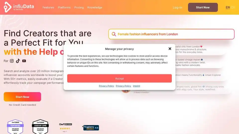 influData의 AI 기반 도구를 사용하여 2000만 명 이상의 인플루언서를 검색하고 분석하세요.