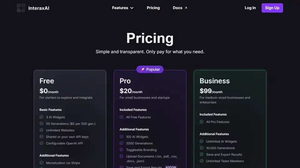 Choose the best pricing plan for your needs with InteraxAI. We offer a free tier for all users and a pro tier for those who need more.