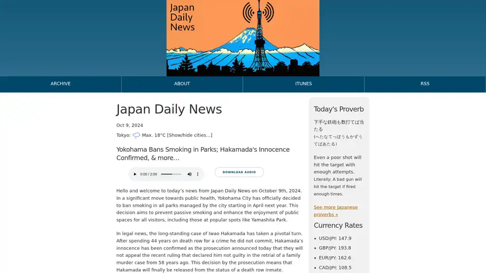 Japan Daily News bietet KI-generierte Tagesnachrichten aus Japan in 2-Minuten-Podcasts. Bleiben Sie mit dieser praktischen, computergenerierten Nachrichtenquelle über wichtige Ereignisse auf dem Laufenden.