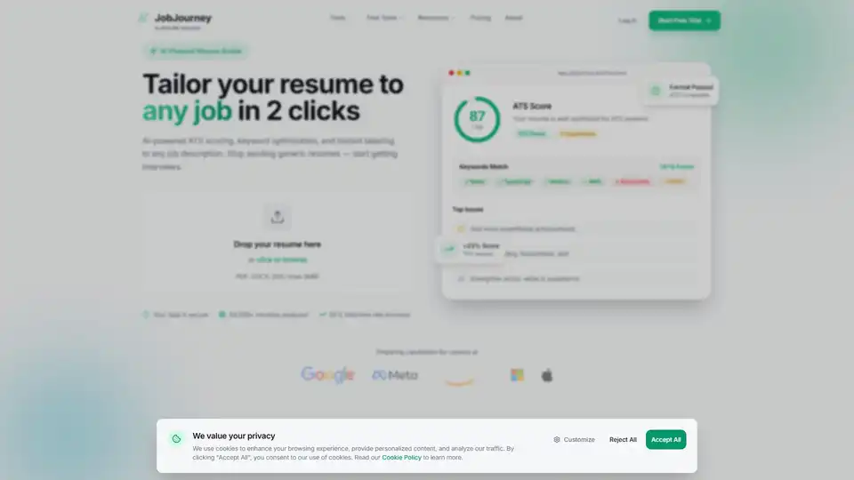 JobJourney es una plataforma impulsada por IA que ofrece un conjunto completo de herramientas para quienes buscan empleo. Proporciona creación y adaptación de currículums, puntuación ATS, generación de cartas de presentación, entrenamiento de entrevistas con IA y seguimiento de solicitudes para ayudar a los usuarios a conseguir sus trabajos soñados.