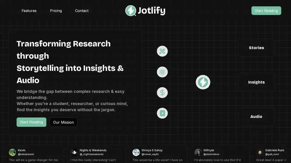 Jotlify transforma pesquisas complexas em histórias e áudio, ajudando alunos e pesquisadores.