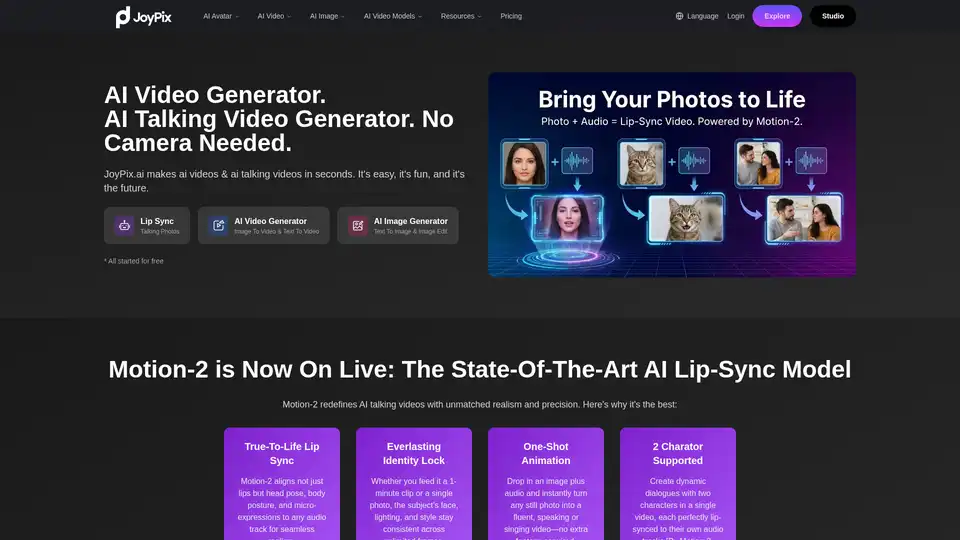 JoyPix.ai ist eine All-in-One-KI-Plattform zum Generieren von Videos, sprechenden Fotos und Avataren. Sie verfügt über fortschrittliche Lippensynchronisations-Technologie (Motion-2), Stimmklonung und Text-to-Speech, was visuelles Storytelling für Content-Ersteller und Social-Media-Nutzer einfach und unterhaltsam macht.