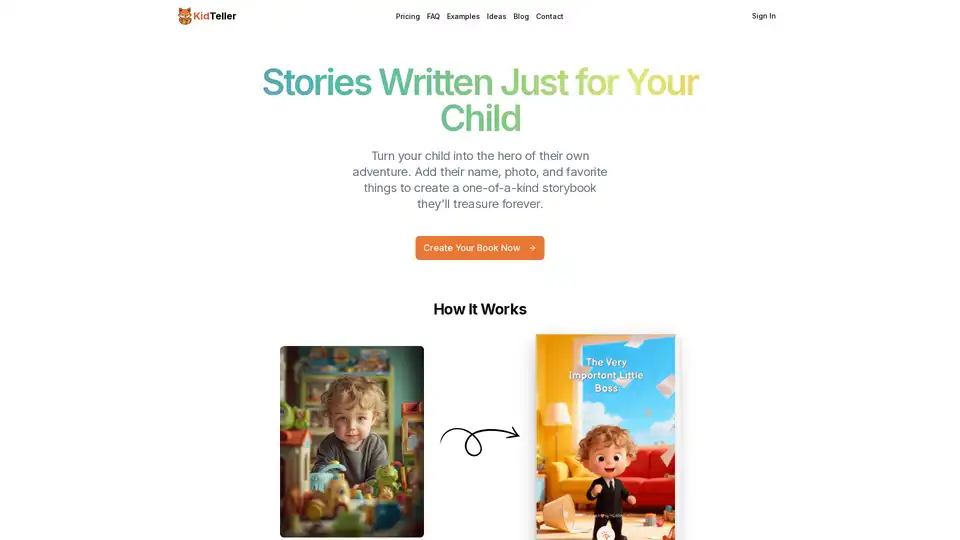 KidTeller is an AI-powered platform that lets you create unique, personalized storybooks for children. Simply add your child's name, photo, and interests to generate custom tales with illustrations, perfect for engaging young readers and making bedtime magical.