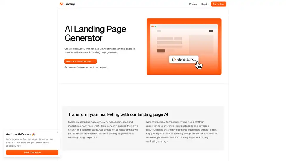 AI Landing Page Generator helps businesses create high-converting landing pages quickly without design skills. It uses AI to generate content, images, and designs tailored to your brand.