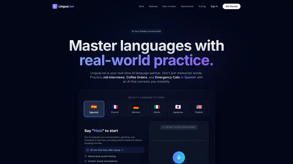 LinguaLiveは、リアルタイムの会話練習を提供するAI駆動の言語学習プラットフォームです。発音と文法のインスタントフィードバックを提供し、対話的なロールプレイシナリオを通じてユーザーが言語をマスターするのを助けます。